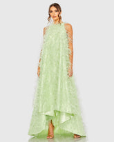 Green Sleeveless Feather Embellished Trapeze Gown