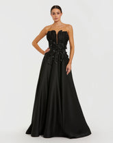 Black Strapless Satin Floral Embellished Ball Gown
