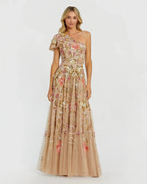 Gold One Shoulder Floral Embellished Gown