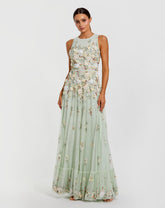 Green Floral Embellished High Neck Sleeveless Gown